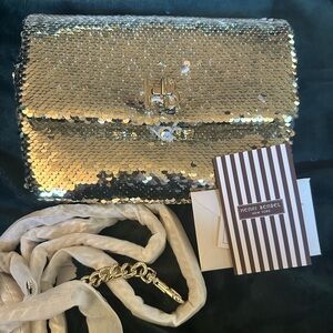 NEW! Henri Bendel gold SEQUIN clutch or crossbody PRISTINE Never Used